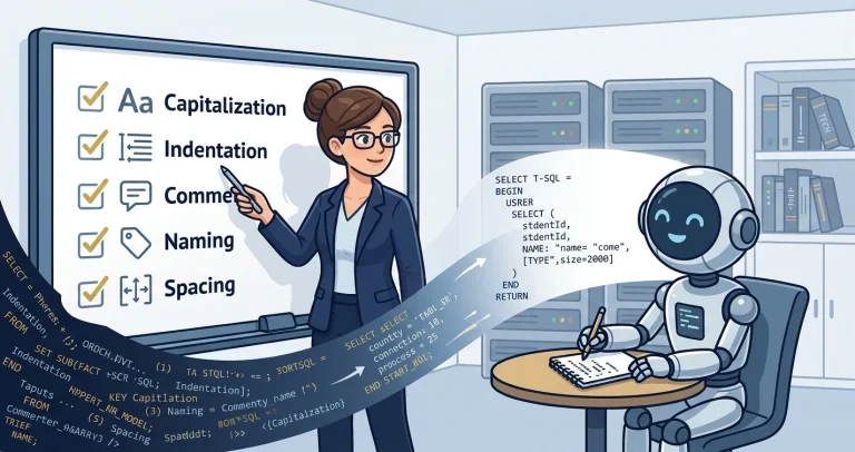 A woman DBA at a whiteboard teaching coding standards to a friendly robot student, with a checklist of rules including capitalization, indentation, comments, naming, and spacing