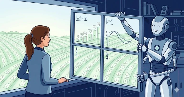 Illustration of a woman looking through a literal window frame at a landscape of data rows stretching into the distance like a field, the window frame partitioning the view into sections showing different aggregations, while a robot holds the window frame steady