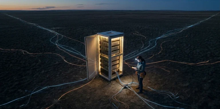 A woman inspects a disconnected network cable at a lone server rack standing on a vast prairie at twilight, with glowing cables stretching toward distant horizons.