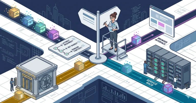 An engineer at a decision signpost for latency, set-based work, and domain context directs blocks toward a database vault, a service rack, and a browser interface.