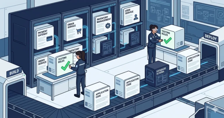 A CI/CD assembly line where engineers attach testing rules and green checkmarks to application-code and database-schema packages moving between build and deploy stations.
