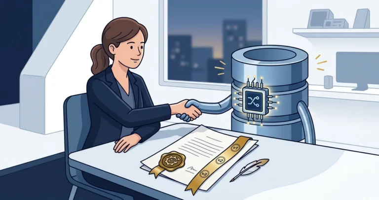 A woman engineer shaking hands with a database, sealing a versioned schema contract stamped with version numbers