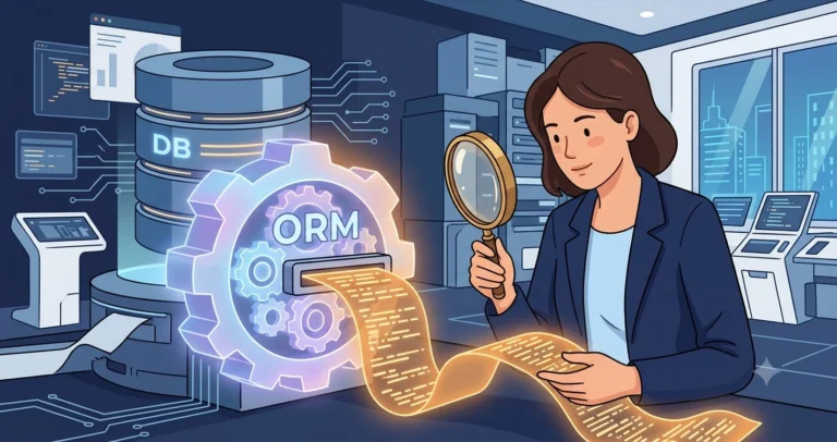 A woman developer using a magnifying glass to inspect SQL query text spilling from an ORM gear machine
