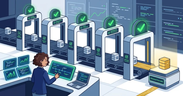 Database schema boxes moving along a CI/CD pipeline through automated checkpoint gates with green lights