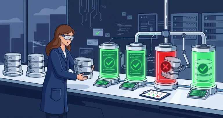 A woman engineer in a lab coat running database code through a testing station and catching a failed test