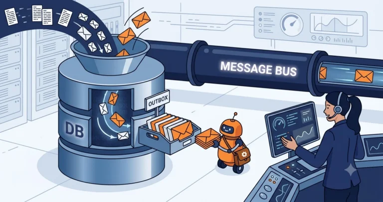 A database with an attached outbox tray, messages relayed by a courier robot to a separate message bus