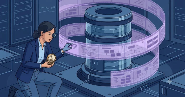 A woman engineer examining stacked translucent historical snapshots emerging from a database, with a clock