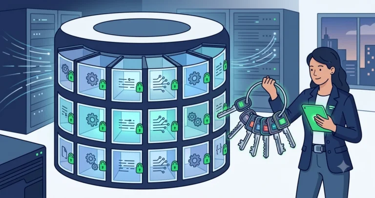 A database divided into sealed per-tenant compartments, each opened by its own matching key