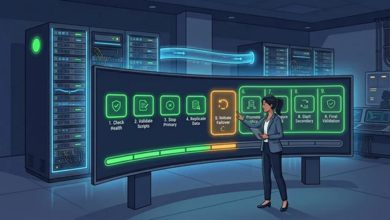 Illustration of a woman DBA at a curved dashboard showing a 9-step DAG failover sequence, with steps 1-4 glowing green, step 5 amber, and steps 6-9 pending, in a navy-blue server room