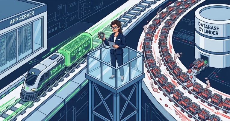 An engineer on a monitoring platform compares a fast set-based data train against many small carts circling a database cylinder, depicting performance tradeoffs.