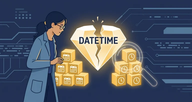 A woman data engineer examines a glowing DATETIME gem splitting into two stacks of byte cubes, calendars for the date and clocks for the time.