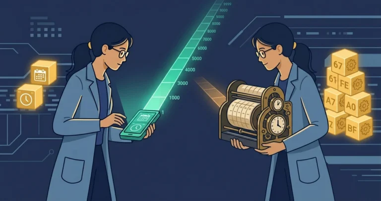 A woman engineer compares a bulky old clock-and-calendar machine with a small modern device projecting a long timeline from year 1 to 9999.