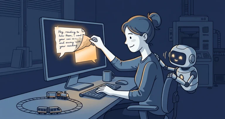 A woman developer smiles as she peels an anxious, apologetic sticky note off her monitor to reveal a calm, confident note beneath, with a small friendly helper robot beside her and a tiny looping train representing a modest cursor.