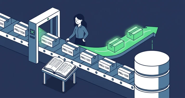 Illustration of a woman DBA beside a conveyor belt with labeled packages, a checkpoint gate routing processed packages to a skip lane, and a logbook recording each deployment