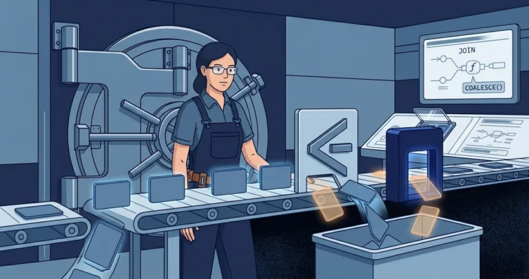 A data engineer watches glowing data cards move along a conveyor toward a comparison gate; translucent NULL cards slip through a gap while a navy gate catches and routes them safely into the bin.