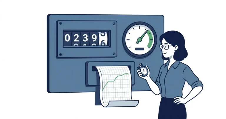 A database administrator holding a stopwatch reads a monitoring panel: a climbing odometer-style counter shows a running total while a needle gauge shows a live value and a strip-chart traces the trend over time.
