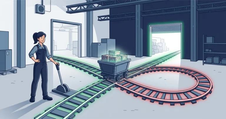 Woman engineer at a railway track switch deciding whether to send a cart of data crates forward into a warehouse (commit) or loop it back to the start (rollback).