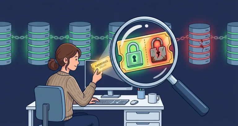 A woman security analyst examines a golden Kerberos ticket through a magnifying glass, revealing AES and RC4 locks, with SQL Server databases connected by authentication chains in the background