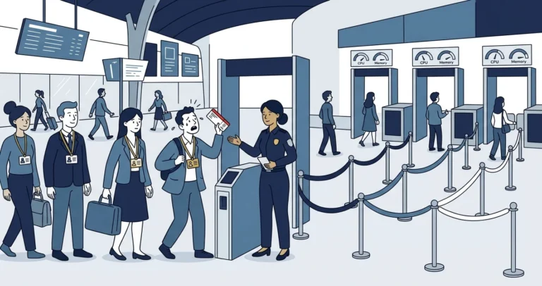 A security officer checks each traveler's service-account lanyard at a single checkpoint and routes them into colored lanes, ignoring a job-owner boarding pass - a metaphor for how Resource Governor classifies SQL Server Agent jobs by login account.
