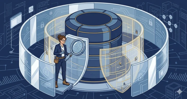 A security engineer with a magnifying glass inspects a database cylinder ringed by concentric glass walls and lock icons, representing layered database security.