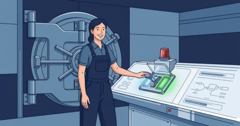 A woman engineer beside a control console with a single guarded selector switch, a red auto-abort beacon, and a sealed bank-vault door behind her.