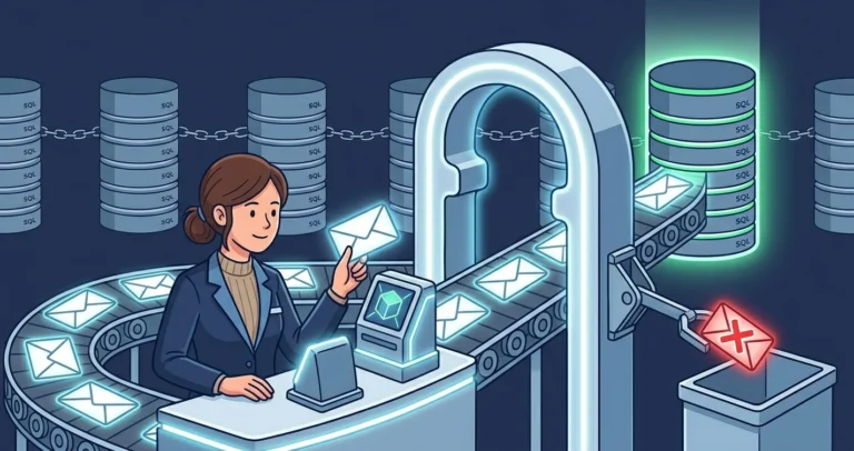 A woman engineer at a data inspection booth checks email envelopes moving along a conveyor; valid ones pass through a navy archway into a SQL Server database while one with an unresolvable address is stamped with a red X and sent to a reject bin.