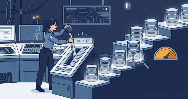A woman DBA pulls a single master lever in a control room, raising a row of database servers together onto a higher 150-160-170 platform while an amber caution gauge and a magnifying glass signal the need to test for performance regressions.