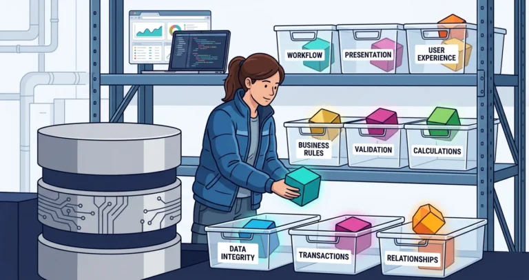 A database professional sorts labeled blocks for business rules, validation, workflow, and data integrity into bins beside a database cylinder, illustrating where business logic can live.