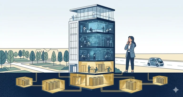 Architectural cross-section of a building: a glass rooftop client floor, application-service floors with engineers and server racks, and a gold-lit foundation vault of databases, while a woman architect studies the structure, illustrating where business logic can live.