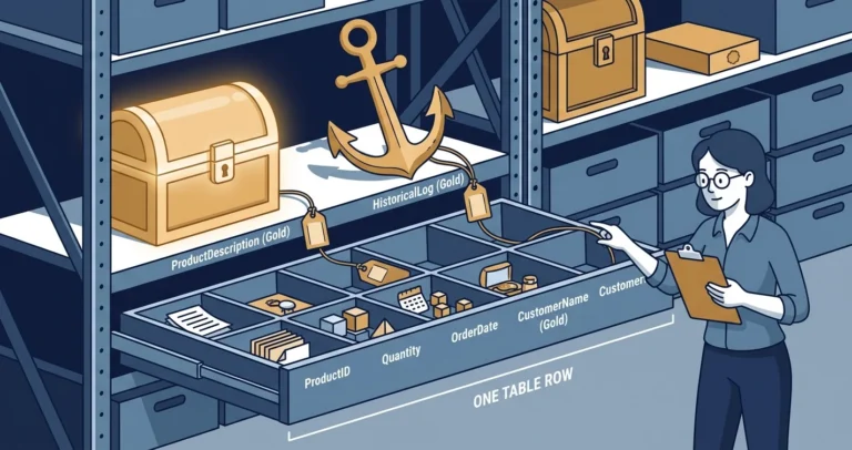 A woman DBA traces strings connecting a storage drawer of small items to oversized items relocated onto a separate warehouse rack, illustrating in-row versus off-row column storage.