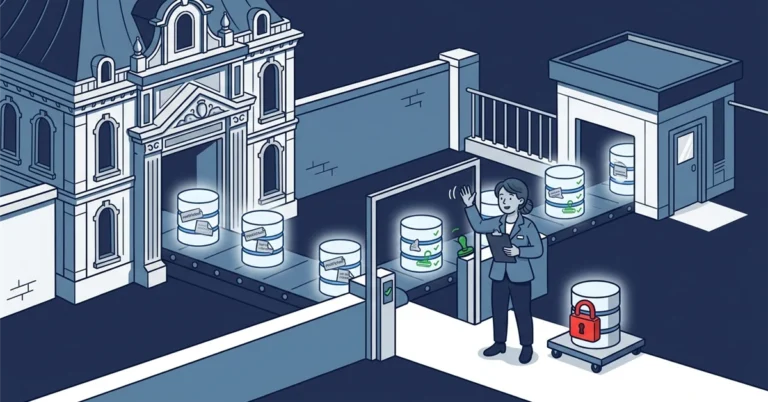 A database administrator at an inspection gate waves database crates from an ornate Enterprise-edition building toward a smaller Standard-edition building; most crates carry faded restricted stickers and are cleared, while one crate sealed with a red padlock is set aside.