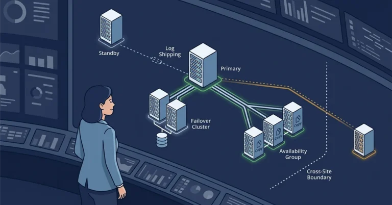 A database administrator studies a control-room wall where a primary SQL Server connects by several distinct link styles to standby and replica servers: a dashed line to a lone standby, twin servers sharing one storage drum, a fan of linked replicas, and one replica across a dotted map boundary, illustrating log shipping, failover clustering, availability groups, and distributed availability groups.