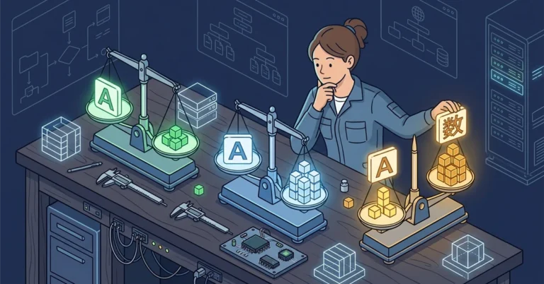 A database engineer weighs the same character on three balance scales: a non-Unicode column with a short stack of byte-cubes, a UTF-16 column with a taller even stack of paired cubes, and a UTF-8 column whose stack is short for a plain letter but tall for an ornate CJK glyph, illustrating that identical text takes different byte counts depending on encoding.