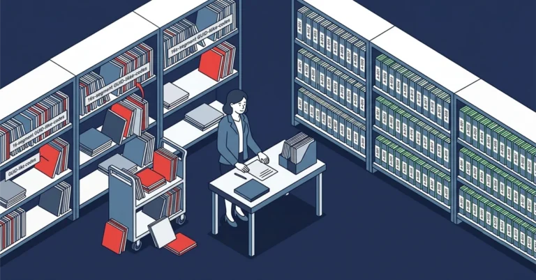 A split archive scene: on the left, records tagged with long 16-segment GUID codes are crammed into random shelf positions, leaving gaps and a cart of displaced records with shelves only partly full; on the right, records with sequential codes fill their shelves neatly end to end, illustrating how random GUIDs fragment a clustered index while sequential ones pack pages full.