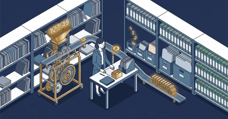 A brass-and-steel machine disassembling a decimal number: a woman engineer feeds a glowing number into the apparatus, which splits it into a small sign token and a compact stack of integer blocks, while four storage bins of increasing size sit in a stepped row, illustrating how SQL Server stores a decimal as a sign byte plus a little-endian integer sized in precision tiers.
