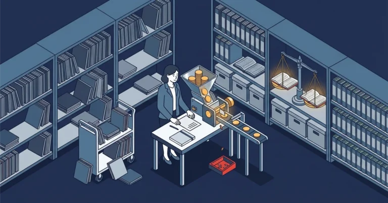 A woman accountant at a coin-counting machine: whole gold coins drop in on the left representing money stored as an exact integer, while on the right a coin is sliced into exactly four thin wafers and a tiny leftover sliver falls into a small lost tray, with a ledger balance scale tipping slightly off level in the background, illustrating how SQL Server money truncates to four decimals and the tiny losses add up.