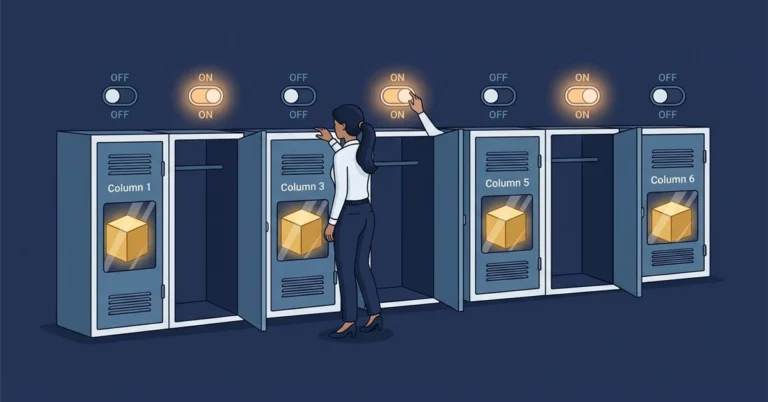 A woman database engineer beside a long row of storage lockers, each locker a column in a database row, with a compact strip of small toggle switches above them. Switches flipped on and glowing sit above empty lockers (NULL columns), while switches off sit above lockers holding glowing data cubes, illustrating how the NULL bitmap, not the lockers, records which columns are NULL.