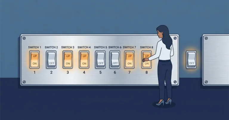A woman engineer beside a panel of eight small light switches treated as one unit, some up and some down, with a ninth switch forcing a second identical panel to begin, illustrating how SQL Server packs up to eight bit columns into a single storage byte.