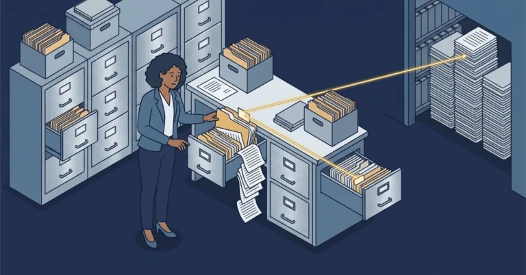 A woman archivist at a filing desk with an overstuffed folder whose excess pages spill into a separate overflow drawer via a labeled pointer, and a larger bundle stored in a distant vault linked by a thin pointer line, illustrating how SQL Server moves oversized row data off-page into row-overflow and LOB allocation units.