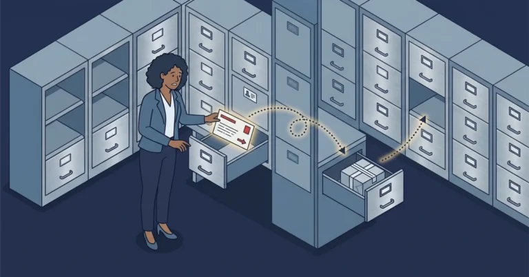 A woman courier at a wall of mail slots where one slot holds a small forwarding note with an arrow pointing to the actual parcel now sitting in a different slot, illustrating how a SQL Server heap leaves a forwarding pointer when an updated row must move.