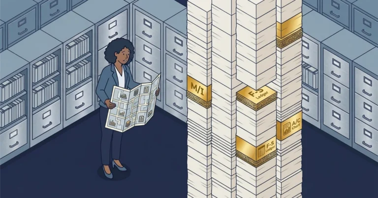 A woman engineer holding a map before a tall stack of uniform 8 KB pages, most plain data pages with a few special map, free-space, and allocation tracking pages marked, illustrating the different page types in a SQL Server data file.