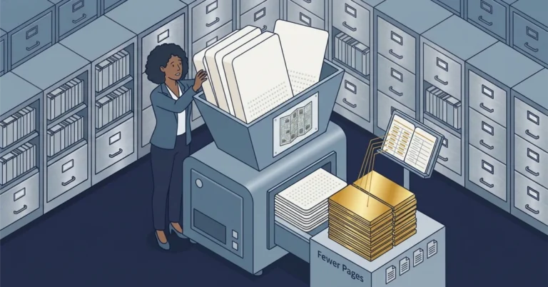 A woman engineer feeding bulky padded records into a compact press that squeezes out the empty padding so records emerge smaller and denser on fewer pages, with a small dictionary card hinting at deduplication, illustrating SQL Server row and page compression.