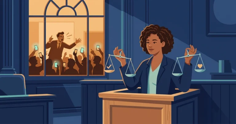 A calm woman in a witness stand carefully weighing two small balance scales, one bearing a checkmark and one a heart, while a loud, confident figure outside the courtroom window gestures to an excited crowd holding up phones.