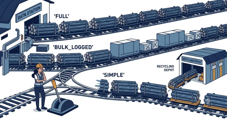 Illustration of three train tracks representing SQL Server recovery models: the FULL track keeps every log car coupled, BULK_LOGGED carries bulk cargo crates, and SIMPLE sends cars to a recycling depot while an engineer chooses at a switch lever