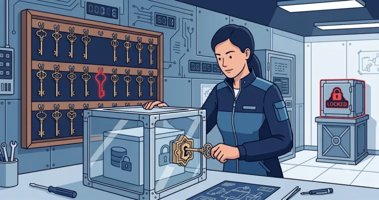 Illustration of a woman locking a data crate inside a translucent strongbox beside a wall rack of keys with one missing key outlined in red and a second locked box, representing backup encryption and TDE certificate management