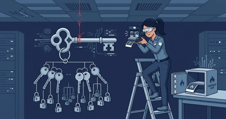 Illustration of a key hierarchy hanging as a mobile from a frayed thread while a woman photographs the master key and files a duplicate in a fireproof safe, representing backing up the SQL Server service master key