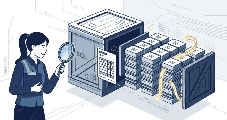 Illustration of a woman inspecting an exploded-view shipping crate with a magnifying glass, revealing a manifest, stacked data blocks, and a glowing log ribbon, representing the contents of a SQL Server backup file