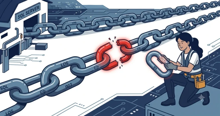 Illustration of a numbered chain of log backup links with one broken red link, and a woman holding a replacement link, representing a broken SQL Server log backup chain