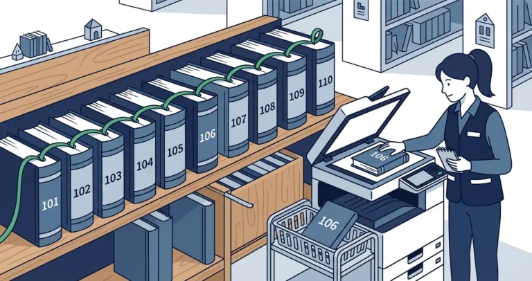 Illustration of a librarian photocopying one numbered book from a ribbon-linked shelf of sequential volumes without disturbing the sequence, representing a copy-only backup