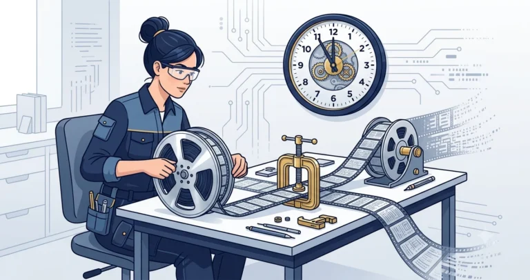 Illustration of a woman rewinding a filmstrip of database pages on an editing table with a clamp fixed at one exact frame beneath a wall clock, representing point-in-time restore with STOPAT